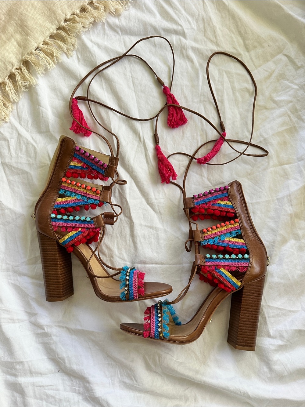 Women’s Brown Lace-Up Block Heel Sandals -Schultz-with Multicolor Embellishment